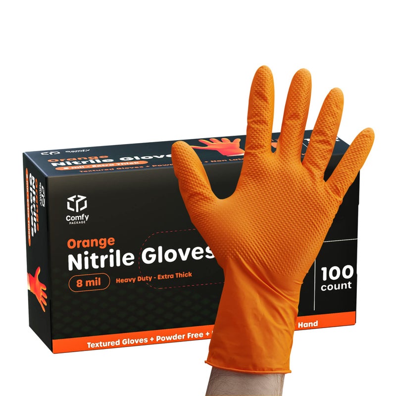 Comfy Package Large Orange Nitrile Heavy-Duty Gloves, Diamond Texture, Waterproof & Latex Free - Image 1
